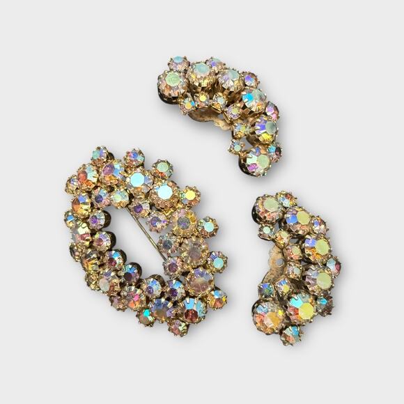AB Rhinestone Brooch Clip on Earrings Jewelry Set Vintage